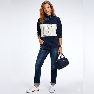 Tommy Hilfiger Navy Blue & White Fleece Pullover Logo Sweater Mockneck Large